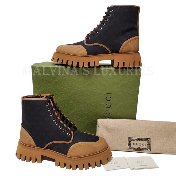 GUCCI MENS BOOTS GG SUPREME LOGO PRINT CANVAS LACE UP sz 8.5 9 - Picture 3 of 15